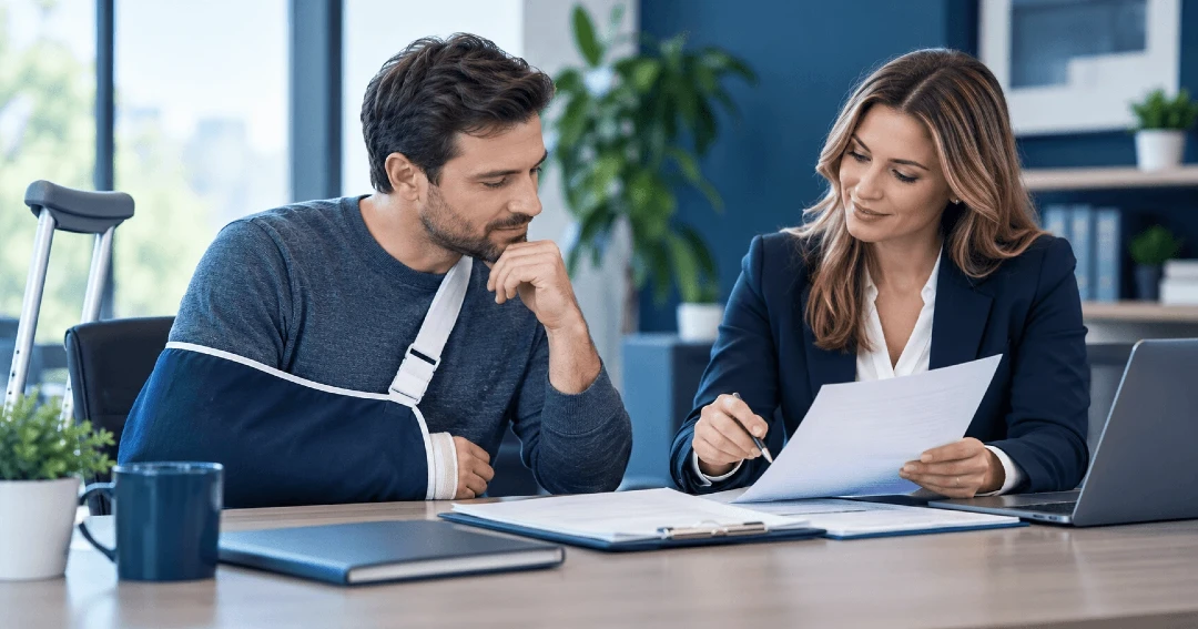Injured person reviewing accident benefits forms with a lawyer after a car accident